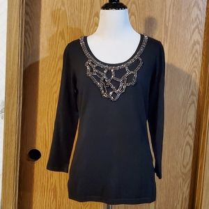 Joseph A. Sweater 3/4 sleeve with beaded neckline rayon nylon size S